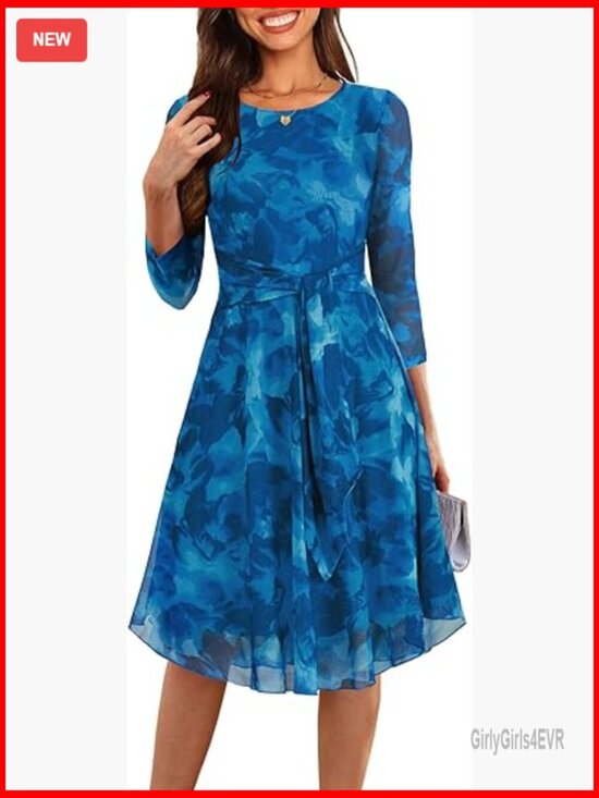 Dresses & Skirts - Elegant 3/4 Sleeve Floral Midi Dress with Belt - Women's Cocktail & Wedding